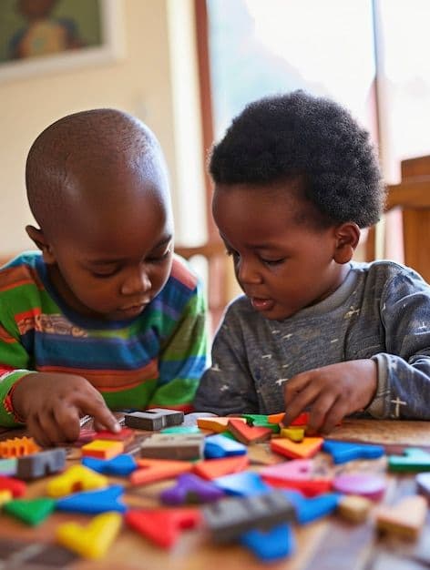 Two learners playing with sensory shape blocks together