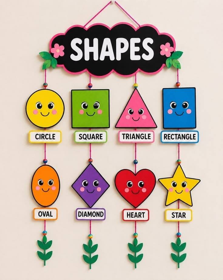 A colourful shapes learning chart used in the classroom